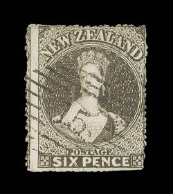 6d. brown with portion of adjoining stamp at left and with serrates all round, neatly cancelled 15 at Nelson two thin spots at top not affecting fine appearance. R.P.S.
Certificate (2000). Sc. 14b S.G. 64, £2,000. provenance: Manus, J