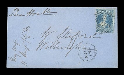 1862 (11 Aug.) envelope ex the Stafford correspondence from Nelson to Wellington, bearing 2d. deep blue with serrates all round and twice neatly cancelled 15, arrival c.d.s.
(12.8) below, despatch c.d.s. on reverse. Exceptionally fine and a