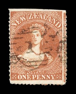 1d. orange-vermilion, a large example in a fresh bright shade, serrates complete on three sides and imperforate at top, neatly cancelled 1 at Auckland some thinning though of
fine appearance and a very rare stamp. Unlisted in Scott S.G. 67s,