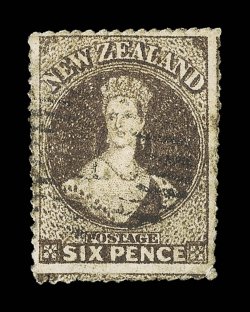 6d. brown, a large and well-centered example, serrates all round, light indistinct cancellation two small creases at lower right corner though of very fine appearance for this
rare stamp. B.P.A. Certificate (1997) states black-brown. Unlisted