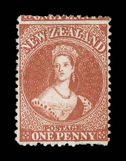 1d. carmine-vermilion, an exceptionally well-centered example, unused without gum, fresh bright color natural crease outside design at top and a couple of short perfs. at
foot, nevertheless an attractive stamp. Odenweller (2006) and R.P.S. (2007