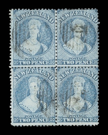 2d. blue, a block of four showing minimal plate wear, light indistinct numeral cancellations the upper right stamp with trace of a thin, otherwise fine. An attractive and very
rare multiple. Signed Holcombe. R.P.S. Certificate (2007). Sc. 17 S.