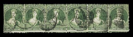 1- deep green, a horizontal strip of six cancelled with several strikes of the Dunedin otago duplex for 18 July 1864 the left-hand pair severed and rejoined, and with perfs.
clipped at left. An exceptionally rare multiple. Sc. 20a S.G.
