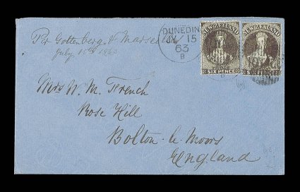 1863 (15 July) double rate envelope from Dunedin Per Gottenberg v Marseilles to Bolton-le-Moors, bearing 6d. black-brown (2) twice cancelled with otago duplex and showing, on
reverse, Bolton arrival c.d.s. (14.9). A fine and scarce