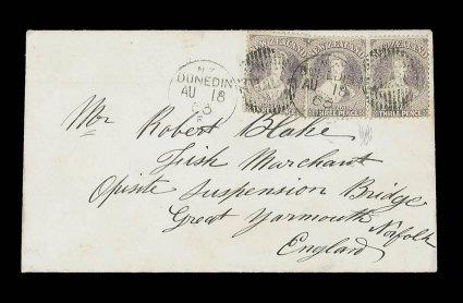 1863 (18 Aug.) envelope from Dunedin to Great Yarmouth, the reverse showing an all-over advertisement, printed in pink, for the Commercial Hotel on High Street, bearing 3d.
brown-lilac (3) twice cancelled with otago duplex and with supe