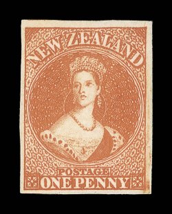 1d. orange-vermilion, fresh brilliant color, unused without gum, large to very large margins small crease at the lower right corner barely affecting the appearance of this
superb looking and very rare stamp. B.P.A. Certificate (1956). Sc. 21 S.