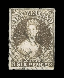 6d. black-brown, clear to very large margins and neatly cancelled 1 at Auckland trace of a thin though of fine appearance. Sc. 24 S.G. 85, £250.