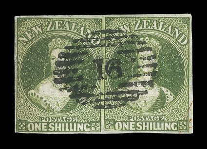 1- deep green, a horizontal pair with good to very large margins all round, design just touched at lower left corner, neatly cancelled with a central upright strike of the 16
obliterator at Kaiapoi, small part of c.d.s. in red at lower right c