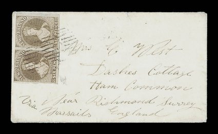 1863 (15 Apr.) envelope from Invercargill via Marseilles to Ham, Richmond, Surrey, bearing 6d. black-brown horizontal pair with clear to exceptionally large margins nearly all
round with trace of adjoining stamps at foot, placed sideways at