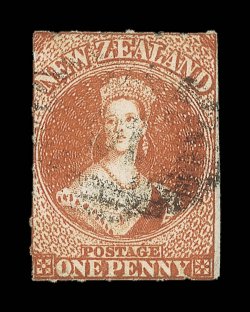 1d. orange-vermilion, roulettes intact on three sides, light indistinct numeral cancellation traces of creasing and with small tear at base though of fine appearance. A very
rare stamp. R.P.S. Certificate (1922). Sc. 21b S.G. 87, £6,000. pro