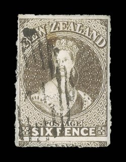 6d. black-brown, a large and well-centered example with clearly defined roulettes on all sides, neatly cancelled 1 at Auckland small light brown mark towards top, barely
detracting from the appearance of this attractive example. R.P.S. Certifi