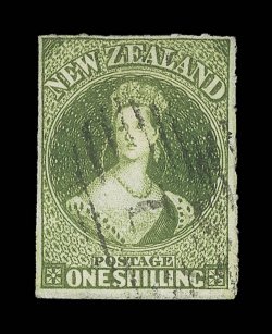 1- deep green, roulettes clearly visible at top and at right, neatly cancelled 1 at Auckland small natural wrinkle at centre right. Most attractive and a rare stamp in fine
condition. B.P.A. Certificate (1990). Sc. 25b S.G. 89, £1,700. pr