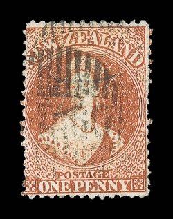 1d. orange-vermilion, quite well-centered for this stamp and with two part indistinct cancellations, good color and a very presentable example of this rare stamp. R.P.S.N.Z.
(1996) and R.P.S. (2007) Certificates. Sc. 21a S.G. 90, £3,500. prov