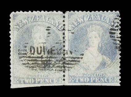 2d. pale ultramarine, a horizontal pair in a fresh delicate shade, cancelled with a complete strike of the dunedin in oval of bars, and with a further small part strike at
right leaving the right-hand stamp with portrait entirely clear, i