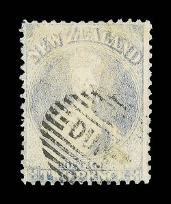 2d. pale dull ultramarine, quite well-centered and cancelled with part dunedin in bars towards foot fractional loss of color towards top which is not unusual for this
delicate-shaded stamp. Sc. 22b S.G. 92, £700.