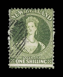 1- deep green, cancelled with small part dunedin in oval of bars leaving all of face and a large part of the portrait clear a fine and most attractive stamp. Scarce in such
fine condition and almost certainly one of the finest examples
