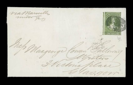 1863 (18 Apr.) entire from Dunedin via Marseilles under ½oz to Glasgow, bearing 1- deep green in a rich vibrant color and neatly cancelled with a fine horizontally applied
strike of the dunedin in bars, the reverse with despatch an