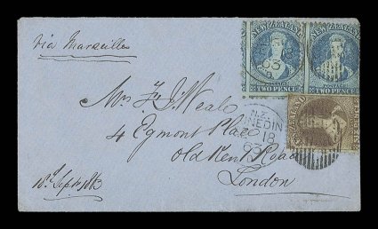 1863 (18 Sept.) entire from Dunedin via Marseilles to London, bearing 6d. black-brown in combination with 1862 perf. 13 2d. blue horizontal pair (severed), twice neatly
cancelled with otago duplex, arrival c.d.s. (16.11) on reverse.
