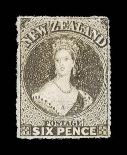 6d. black-brown, a very well centered example, fresh unused without gum small filled-thin at top though of very fine appearance. An exceptionally rare stamp, particularly in
unused condition. R.P.S. Certificate (2000). Sc. 24c S.G. 95, unpriced