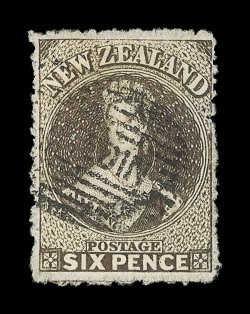 6d. black-brown, a well-centered example with the serrates all clearly visible, neatly cancelled with large part dunedin in oval of bars small imperfection at upper right due
to separation, otherwise very fine. A great rarity of which on
