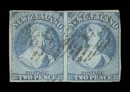 2d. dull deep blue, a horizontal pair with large to very large margins nearly all round, just touched at upper right corner. Each neatly cancelled 17 at Christchurch a fine
and rare multiple. R.P.S. Certificate (1935). Sc. 26a S.G. 96, £1,600