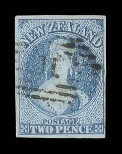 2d. dull deep blue, a light bright shade with good to large margins, neatly cancelled 11 (numeral widely spaced) at Ahuriri fine and most attractive. Sc. 26a S.G. 96, £800.
provenance: Chalon, February 1989 Christies Robson Lowe, O