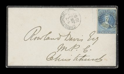 1863 (27 June) mourning envelope from Lyttelton to Christchurch, bearing 2d. dull deep blue with good to large margins all round, cancelled 16 and showing arrival c.d.s.
(27.6) at left the adhesive with a minor crease at lower right corner and