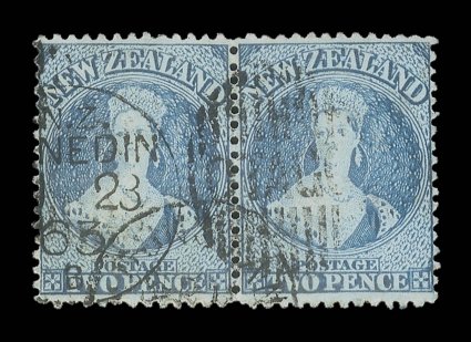 2d. dull deep blue, a horizontal pair sharing a single strike of the Dunedin otago duplex for 1863, and with the right-hand stamp remaining lightly cancelled, small part of
another c.d.s. at foot. A fine and rare multiple. B.P.A. (1947) a