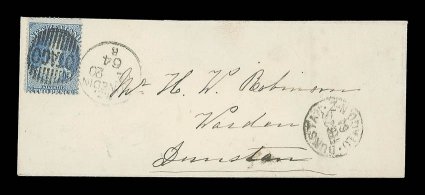 1864 (20 Feb.) envelope from Dunedin to Warden, Dunstan, bearing 2d. dull deep blue neatly cancelled with otago duplex and showing dunstanotago, n.z. c.d.s. (25.2) at lower
right corner the envelope with small part of flap missi
