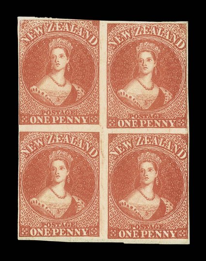 1d. carmine-vermilion, a block of four with watermark inverted, unused with part original gum, strong fresh bright color, clear to very large margins nearly all round, one
stamp just shaved at one point at top traces of gum creasing and one stam