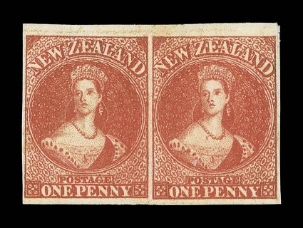 1d. carmine-vermilion, a horizontal pair with watermark inverted, unused with part original crackly gum, fresh brilliant color, good to large margins all round with 2mm. sheet
margin at top a couple of tiny gum thins though of outstanding appear