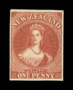 1d. carmine-vermilion, unused with part original gum, rich luxuriant color and large well-balanced margins. A beautiful example of this lovely stamp. B.P.A. Certificate
(1991). Sc. 27 S.G. 97, £850. provenance: Alfred Caspary, October 19