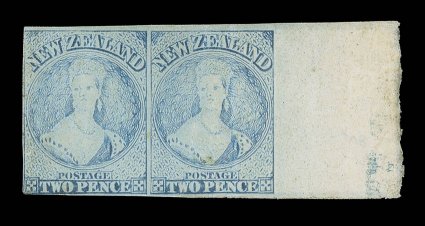 2d. pale blue (Plate I, worn), a marginal pair from the right of the sheet, unused with part original gum, remarkable 20mm. sheet margin at right showing ag of postage
watermark, and with clear to large margins on most of the othe