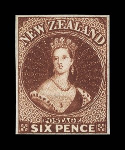 6d. red-brown, fresh unused without gum, fresh vibrant color, clear to large margins all round. A beautiful example of this very rare stamp. Holcombe Certificate (1988). Sc,
29 S.G. 99, £4,500. provenance: Antipodes, October 1988