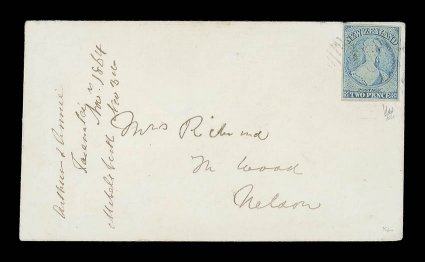 1864 (Nov.) envelope ex the Richmond correspondence from New Plymouth to Nelson, bearing 2d. pale blue (Plate I, worn) with large to very large margins and very lightly
cancelled 9, clear arrival c.d.s. (10.11) on reverse, recipients note
