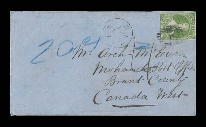 1867 (1 Apr.) envelope from Napier to Mohawk Post Office Brant County Canada West, bearing 1- green with margins nearly all round, placed sideways and cancelled 11, despatch
c.d.s. to left of adhesive and showing manuscript 4 and w