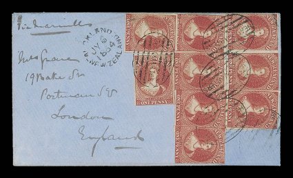 1864 (4 July) envelope via Marseilles to London, bearing 1d. carmine-vermilion (9, generally with good to enormous margins) clearly cancelled with several strikes of the
headquarters in oval of bars and with Auckland transit c.d.s.