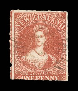 1d. carmine-vermilion with roulettes on three sides, strong color and lightly cancelled 1 tiny piece out of margin at lower left, nevertheless an attractive example of this
very rare stamp. R.P.S. Certificate (1941). Sc. 27a, £3,000.