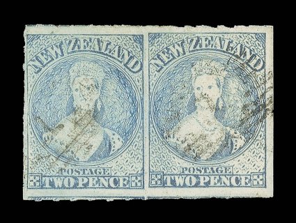 2d. pale blue (Plate I, worn), a large horizontal pair with roulettes on three sides, fresh bright color, each lightly cancelled 1 very fine and a rare multiple of this
elusive stamp. R.P.S. Certificates (1934 and 2000). Sc. 28a S.G. 102, £1,