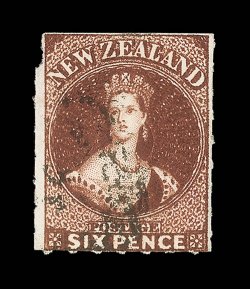 6d. red-brown with roulettes clearly apparent on three sides, indistinct cancellation, good fresh color tiny portion of margin torn away at upper left corner though a
presentable example of this rare stamp. Sc. 29a S.G. 103, £3,000.