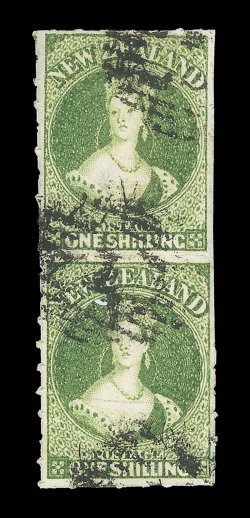 1- green, a well-centered vertical pair with marginal line watermark at right, well-defined roulettes at left and with traces thereof elsewhere, cancelled 1 at Auckland crease
between and the lower stamp with a horizontal crease, nevertheless