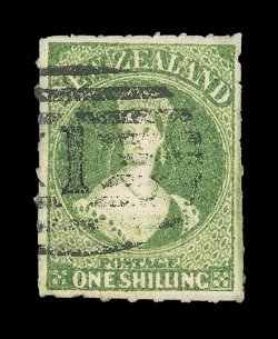 1- green with roulettes clearly showing on all four sides, clearly cancelled with large 1 in oval of bars at Auckland a fine example of this scarce stamp. B.P.A. Certificate
(1990). Sc. 30a S.G. 104, £1,100.