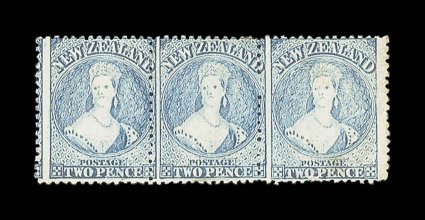 2d. pale blue (Plate I, worn), an unused horizontal strip of three with traces of gum two stamps creased and with other small faultsdefects though a very rare multiple. R.P.S.
Certificate (2000). Sc. 28c S.G. 105, £2,700+. provenance: 