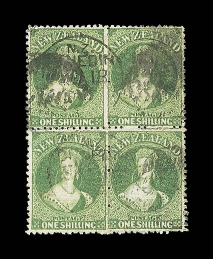 1- green, a block of four cancelled with several, partially indistinct, strikes of the Dunedin otago duplex a couple of small imperfections though of good color and an
extremely rare and possibly unique multiple. R.P.S. Certificate (195