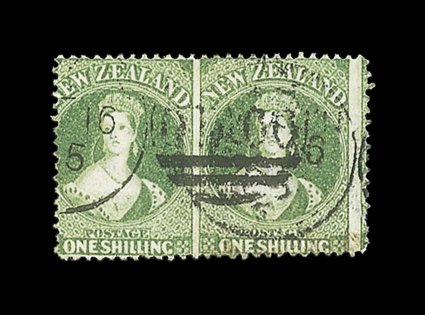 1- green, the unique imperforate between used horizontal pair, twice cancelled by part strikes of the Dunedin otago duplex, dated in 1865, resulting in the left-hand stamp
largely struck by the datestamp portion trace of a crease betwee