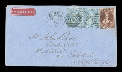 1864 (18 Oct.) envelope, with printed via marseilles in red at upper corner, from Dunedin to Colsbie, Scotland, bearing 2d. pale blue (Plate I, worn) horizontal pair in
combination with 1862 perf. 13 6d. red-brown, twice cancelled with fi