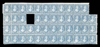 2d. pale blue (Plate I, worn), the unique and famous irregular block of forty-seven, Rows 1-41-12 with watermark reversed, perforations inside the sheet margin across top and
with blind perforations elsewhere which are clipped in places, fresh b