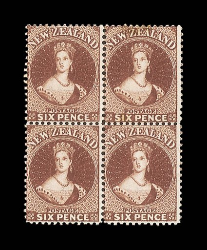 6d. red-brown, a well-centered block of four, exceptionally fresh with nearly full original gum the upper right stamp with a thin speck an two small tone marks, otherwise and
in outstanding condition for a block of this size. A very fine and rar
