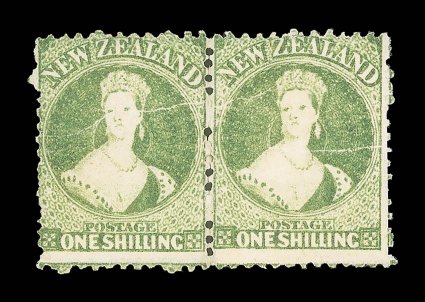 1- yellow-green, a horizontal pair, Row 196-7 with pre-printing paper creases, unused without gum, fresh bright color the right-hand stamp with two tiny tone marks on reverse
at top, not affecting the facial appearance. The unique multiple of