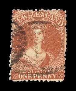 1d. carmine-vermilion, fresh bright color and generally lightly cancelled with large 1 in diamond in oval of bars at Auckland. A most attractive example of this very rare
stamp of which only a handful of examples are recorded, this being almost